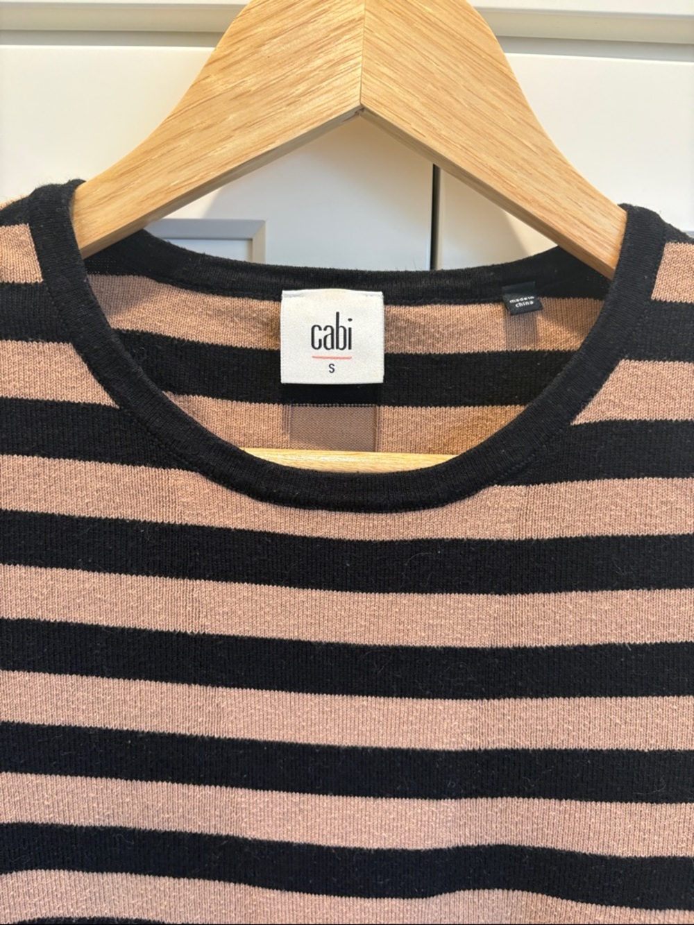 CAbi Black and Tan Striped Crewneck Sweater
